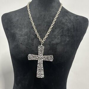 VTG Tortolani Cross Necklace Silver Tone Large Vintage Brutalist Statement